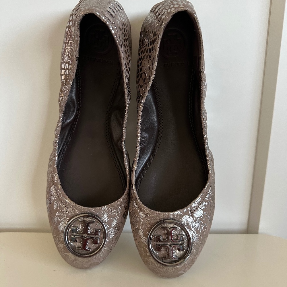 Tory Burch silver  metallic logo flats